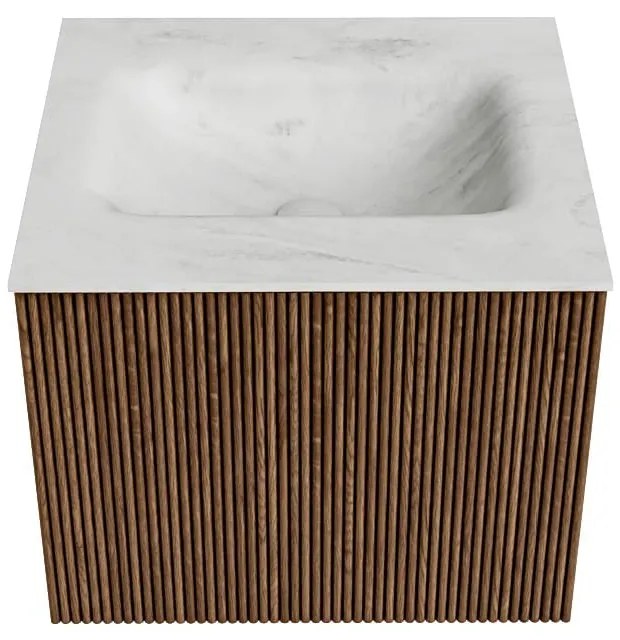 Mondiaz Kurve-dlux 50cm badmeubel walnut met 1 lade en wastafel grunne midden 1 kraangat opalo