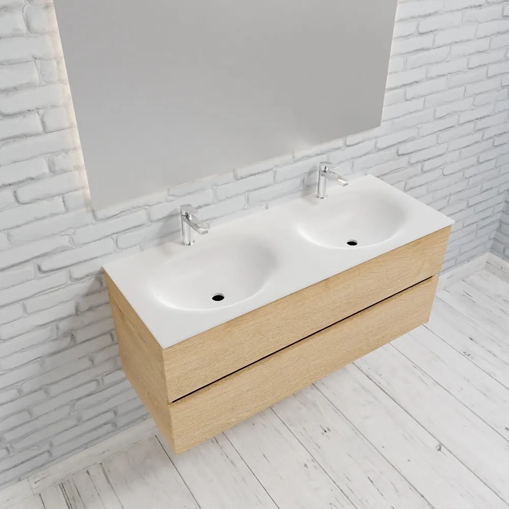 Zaro Sevilla Solid Surface badmeubel 120cm licht eiken 2 kraangaten dubbele spoelbak met 2 lades