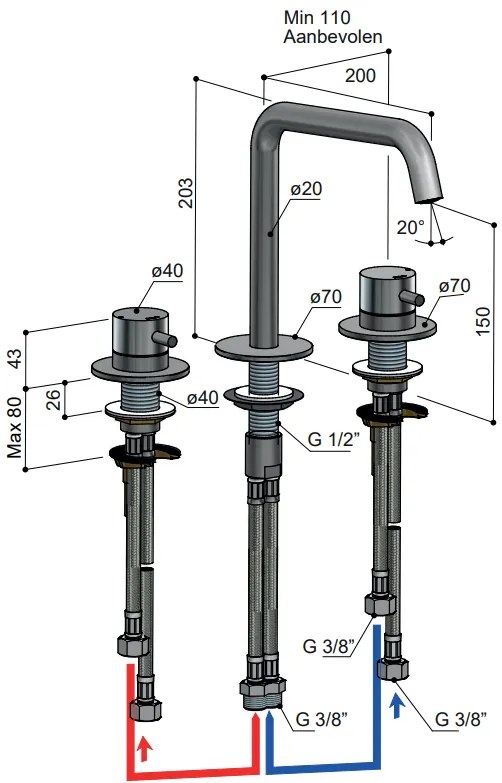 Hotbath Archie inbouw wastafelmengkraan 3 gats zonder waste geborsteld gunmetal PVD