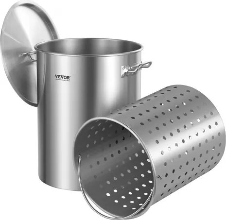 VEVOR 34L roestvrijstalen soeppan, grote soeppan, kookgerei steelpan met mandje, deksel en handvat, soeppan van commerciële kwaliteit, schuurbehandeling, voor stomen, koken of bakken, zilver
