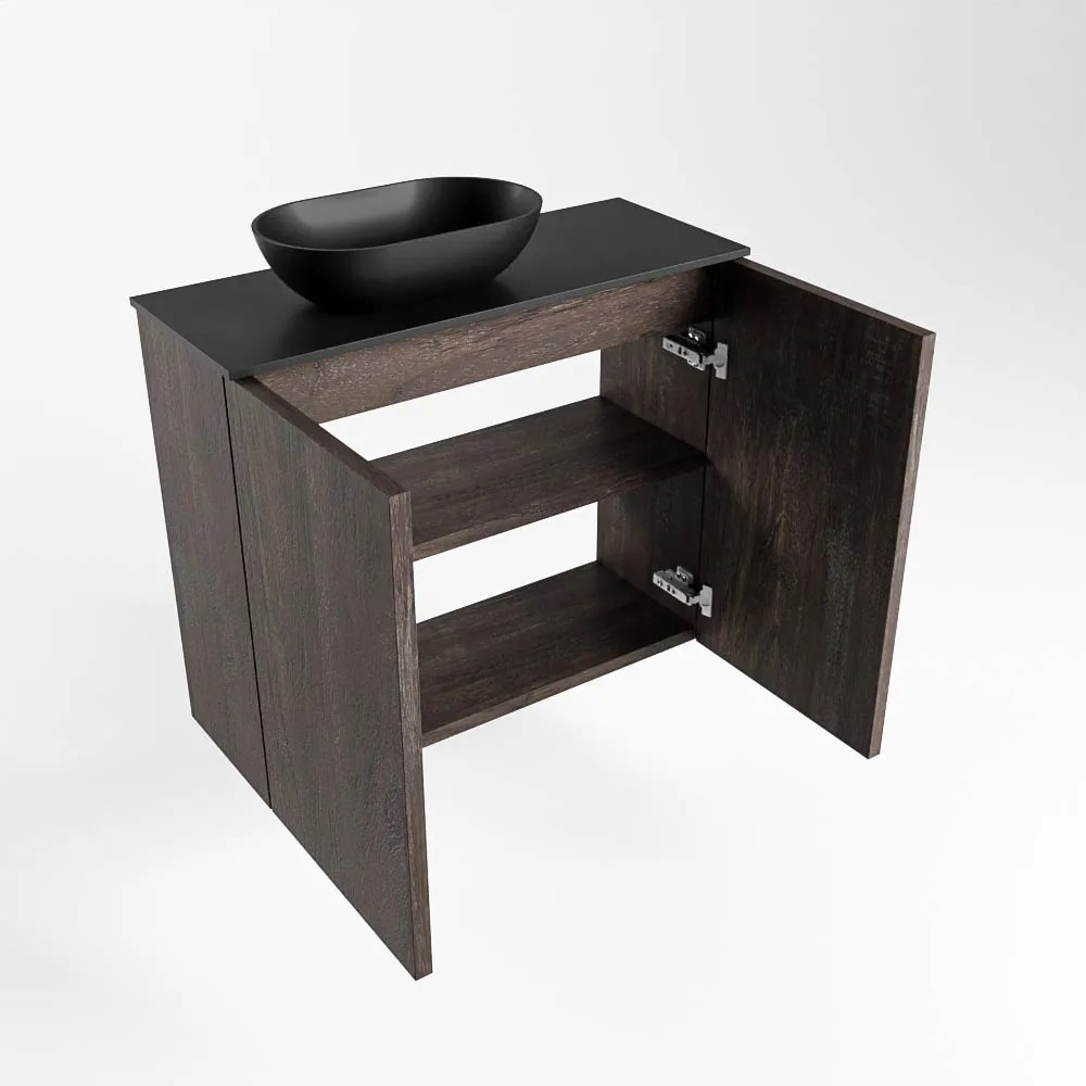 Mondiaz Fowy toiletmeubel 60cm dark brown met zwarte waskom links en kraangat