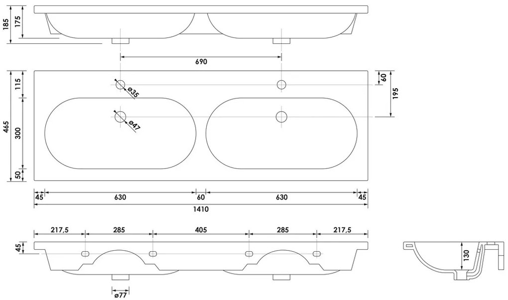 Brauer Moon dubbele wastafel keramiek 140cm met 2 kraangaten wit glans