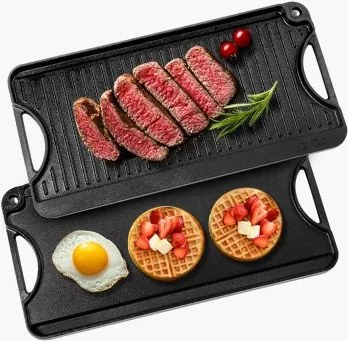 VEVOR gietijzeren omkeerbare grillpan (492 x 218 mm), draagbare rechthoekige pan met handvat, kookgerei voor fornuizen, binnen-/buitengrill, zwart