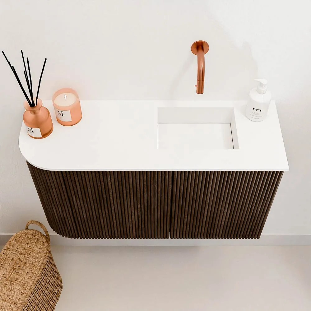 Mondiaz Joya 70cm toiletmeubel ronding links walnut met wastafel faye rechts zonder kraangat talc