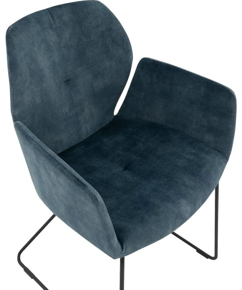 Goossens Excellent Eetkamerstoel Manzini blauw velvet stof met armleuning, modern design