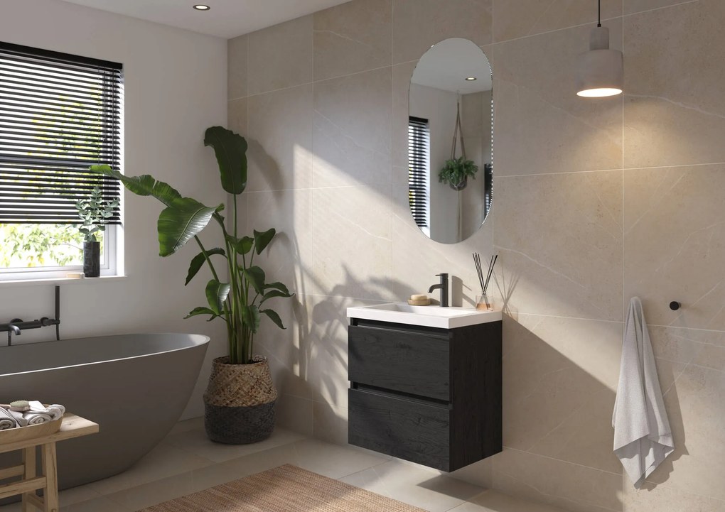 Saqu Gaia ondiep badmeubel incl. glans witte wastafel 60x40x64cm eiken zwart – zwarte greeplijst