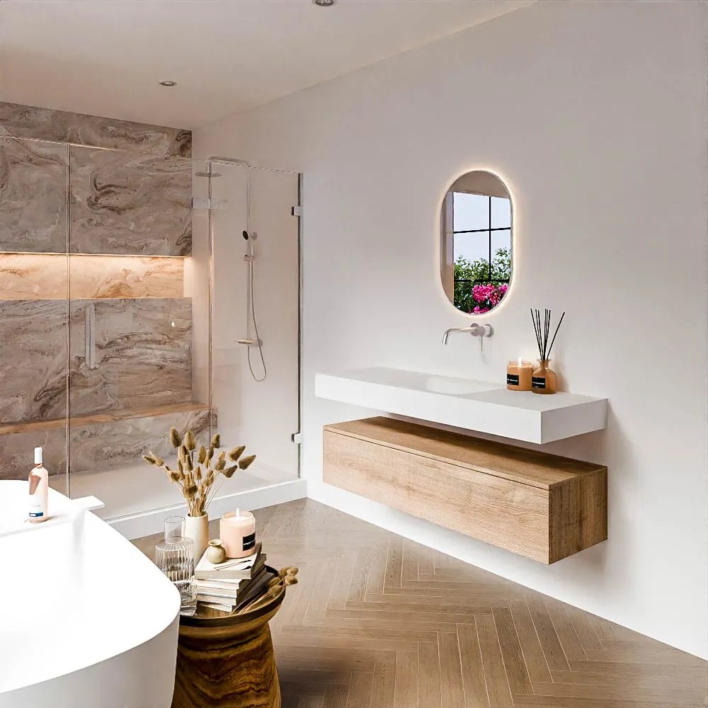 Zaro Alan badmeubel 140cm washed oak 1 lade met vrijhangende wastafel cloud midden zonder kraangat talc