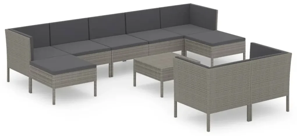 vidaXL 10-delige Loungeset met kussens poly rattan grijs