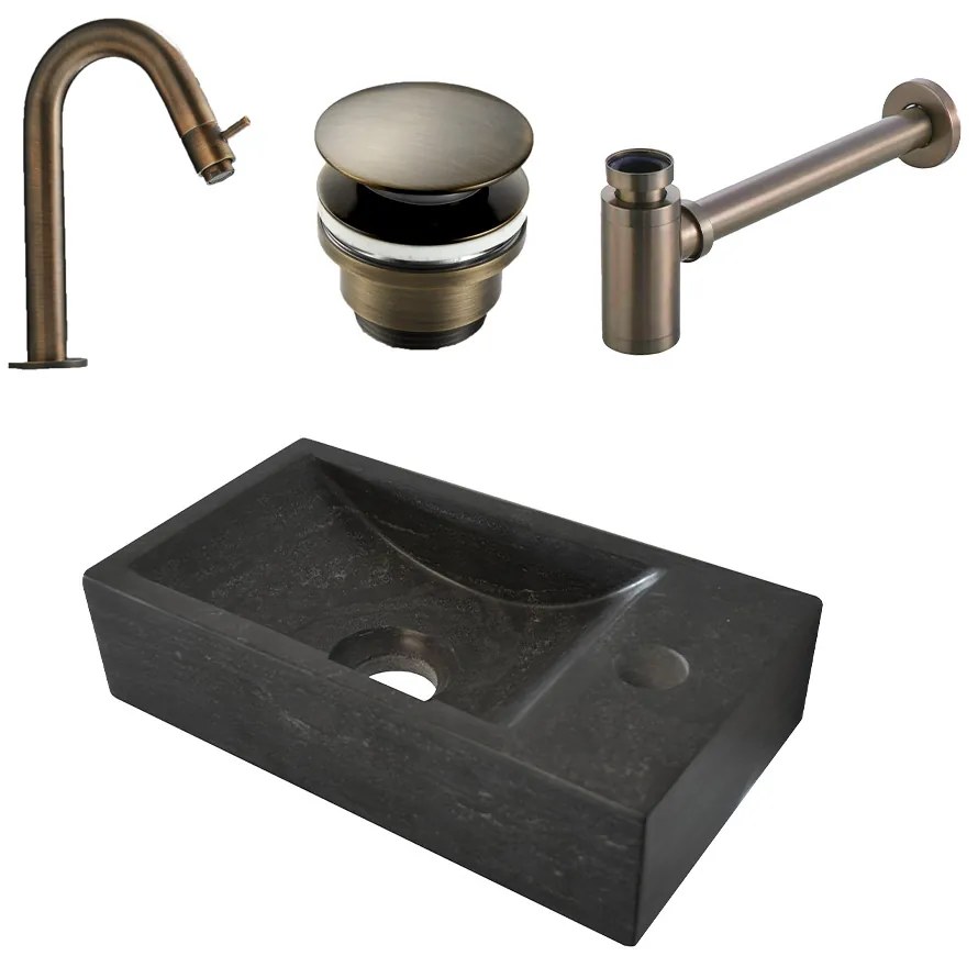 Mueller Small natuursteen fonteinset rechts met verouderd messing gebogen fonteinkraan en toebehoren