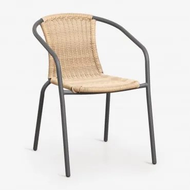 Stapelbare Set Van 4 Tuinstoelen Met Armleuningen Van Staal En Synthetisch Riet Kalymana Grafietgrijs - Natuurlijk - Sklum