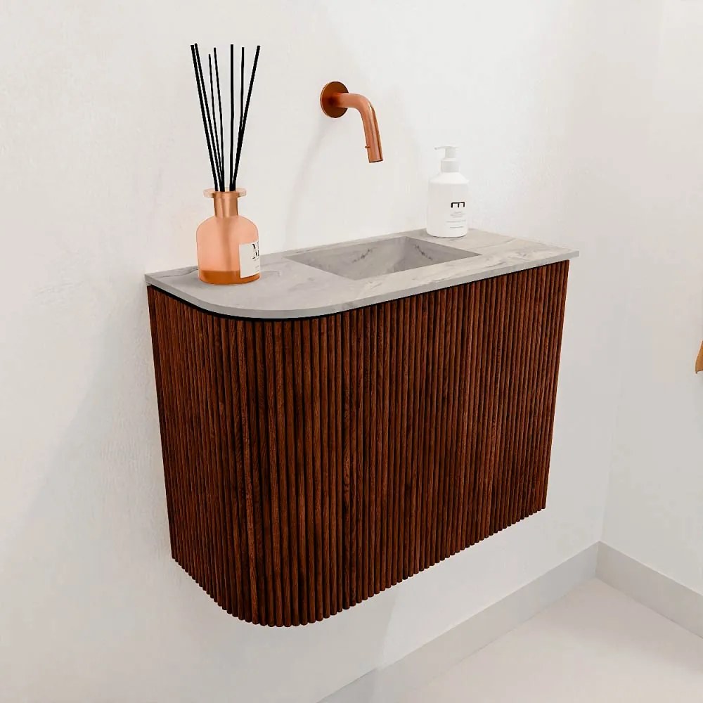 Mondiaz Joya DLux 50cm toiletmeubel ronding links ruby met wastafel faye rechts zonder kraangat glace
