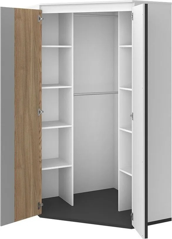 Hoekkledingkast Marvesi 117, Lichtgrijs, Wit, Eiken, Grafiet, 198x95x95cm, 105 kg, Kledingkast deuren: Met scharnieren, Aantal planken: 8, Aantal planken: 8