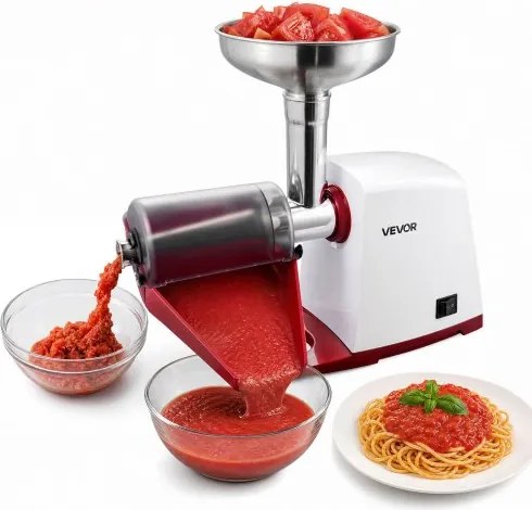VEVOR elektrische tomatenpers, max. 800 W, roestvrij staal, keukenmachine voor aardbeienjam, pompoenpuree, salsa en sap, 4 zeven met maaswijdtes van 1 / 1,5 / 3 / 6 mm, beschermkap, reinigingsborstel, wit
