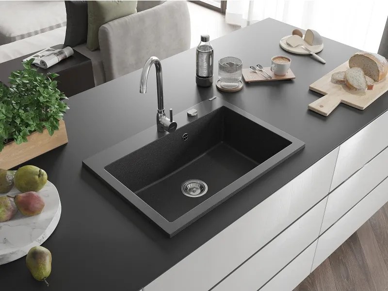 Mexen Elix granieten gootsteen 1-kamer 700 x 500 mm, zwart gespikkeld, sifon chroom - 6526701005-76