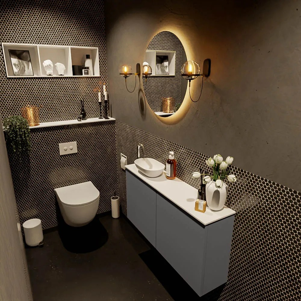 Mondiaz Fowy toiletmeubel 100cm dark grey met witte waskom links en kraangat