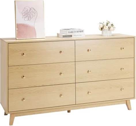 VEVOR Ladekast met 6 lades en kantelbeveiliging, minimalistische moderne ladekast (39,9 x 137,2 x 81,3 cm) Organizer ladekast voor woonkamer slaapkamer entree (licht hout)