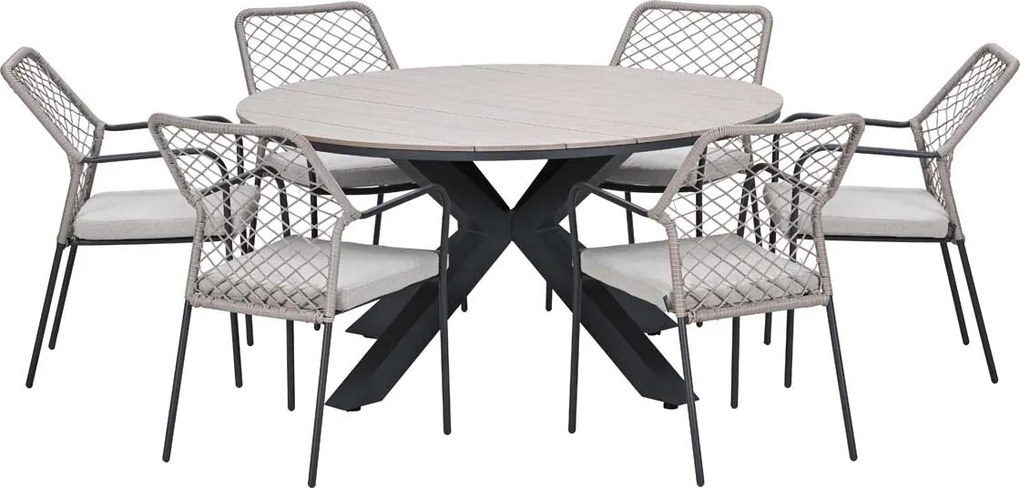Garden Impressions Ross tuinset sand 6-delig - Tulli tuintafel light teak look Ø148 cm