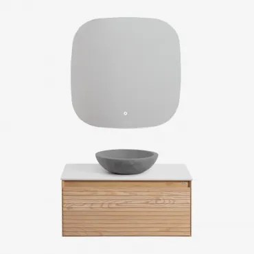 Tedrik Zwevend Badkamermeubelset Van Essenhout Ash Brown & Rond Grijs Cement Ø40 Cm Tarsis & Vierkant Led En Anticondens 75x75 Cm Riben & - Sklum