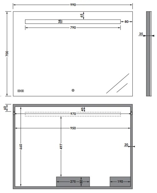 Sanituba Clock spiegel 100x70 met LED verlichting en klok Aluminium Geborsteld