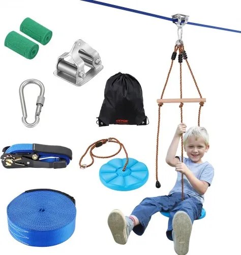 VEVOR Zipline voor kinderen en volwassenen, 16,7 m zipline-sets tot 150 kg, outdoor ziplines voor in de tuin, speeltuinentertainment met zipline, nylon veiligheidsharnas en accessoireset