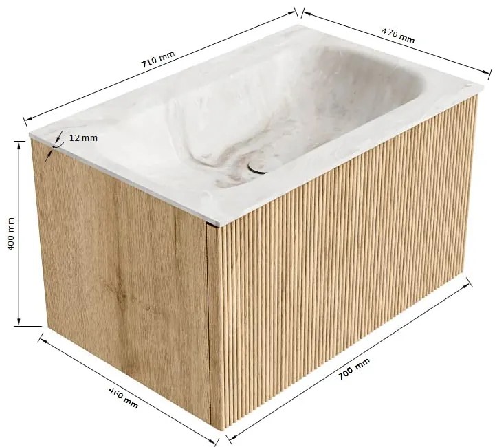 Mondiaz Kurve-dlux 70cm badmeubel walnut met 1 lade en wastafel big small midden 1 kraangat glace
