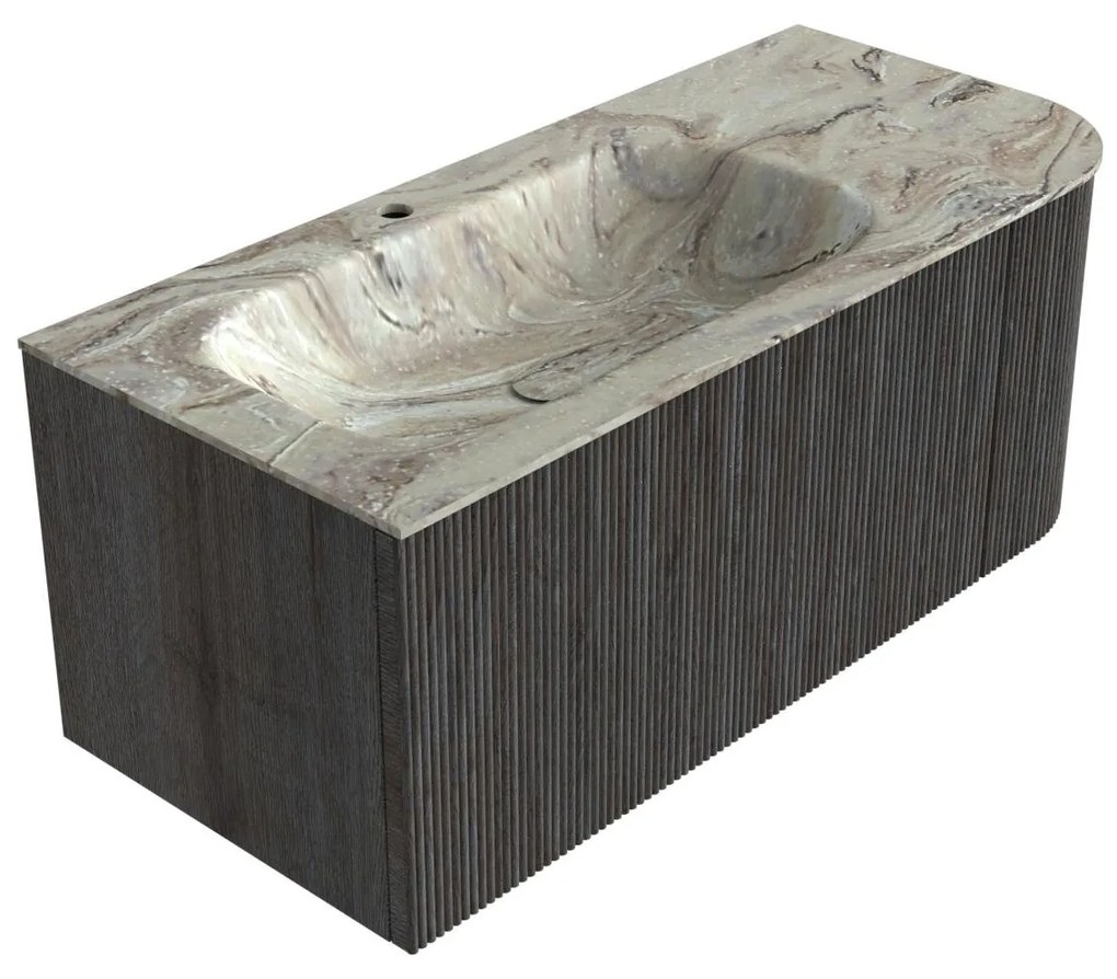 Mondiaz Kurve-dlux 105cm badmeubel ronding rechts shadow met 1 lade en deur en wastafel big small kraangat links glace