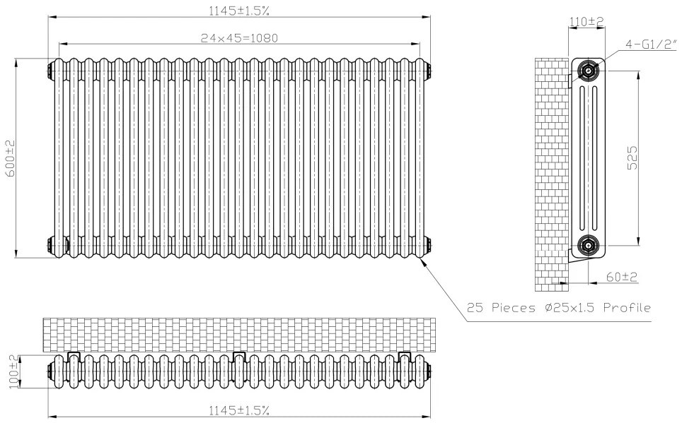 Eastbrook Imperia 3 koloms radiator 115x60cm 2362W antraciet