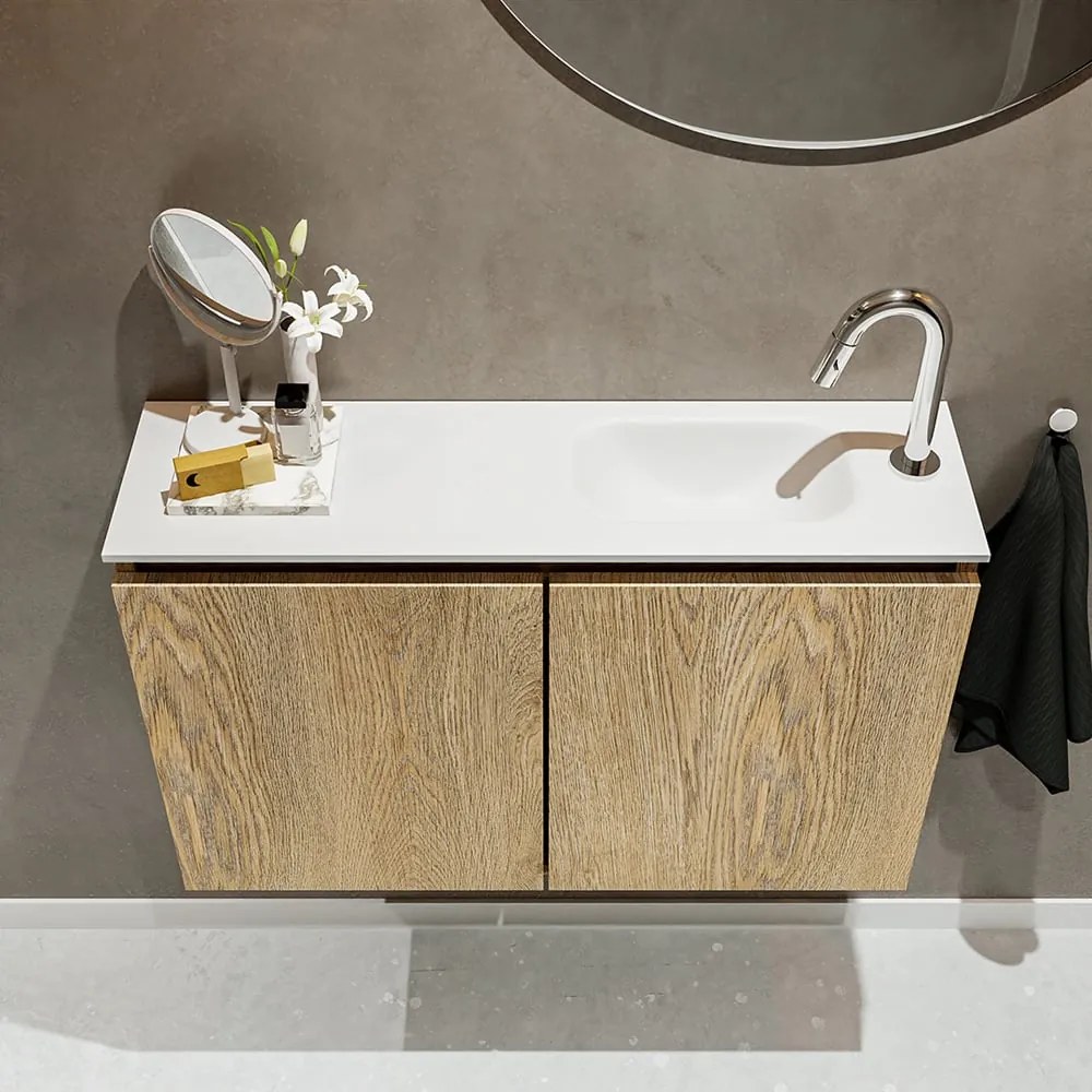 Mondiaz Ture 80cm toiletmeubel washed oak met wastafel talc rechts 1 kraangat