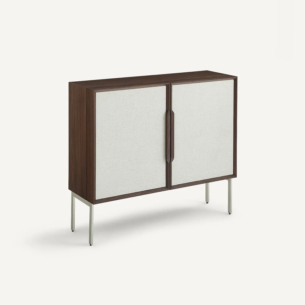 Bureau met lage kast in walnootfineer en structuurstof, OMID