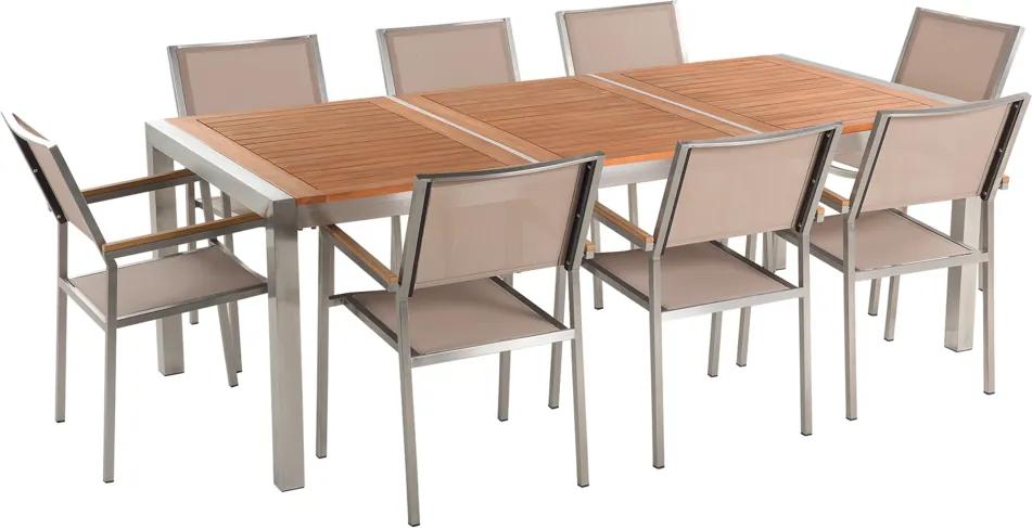 Tuinset mahoniehout/RVS 220 x 100 cm met 8 stoelen beige GROSSETO