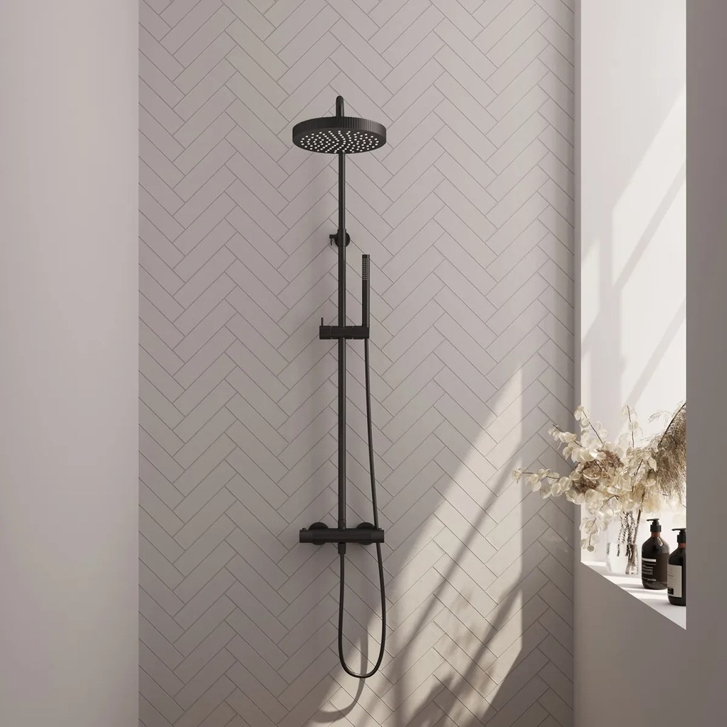Brauer Stripe opbouw regendouche met 25cm hoofddouche en staafhanddouche zwart mat