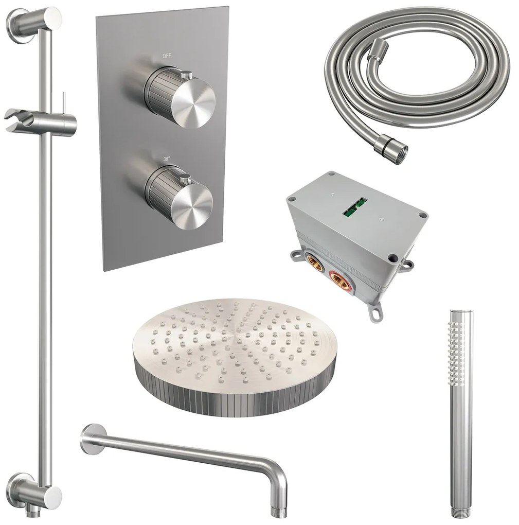 Brauer Stripe inbouw regendouche met 25cm hoofddouche, met gebogen muurarm, glijstang en staafhanddouche set 20 RVS geborsteld PVD