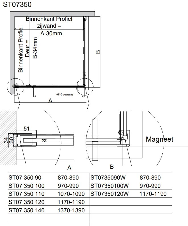 Van Rijn ST07 douchedeur met helder glas 100x200cm geborsteld messing