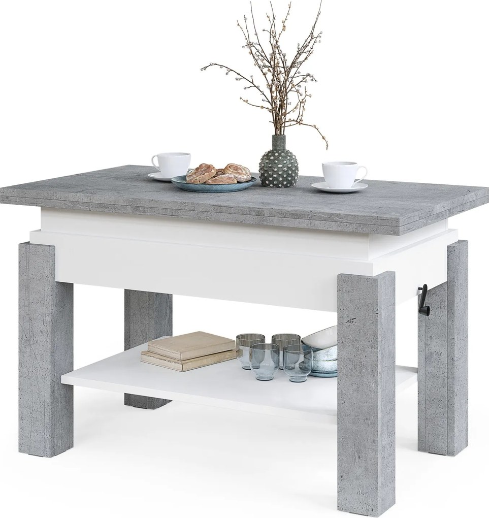 BRAVO beton / wit – uitschuifbare en in hoogte verstelbare salontafel, tafel met plank