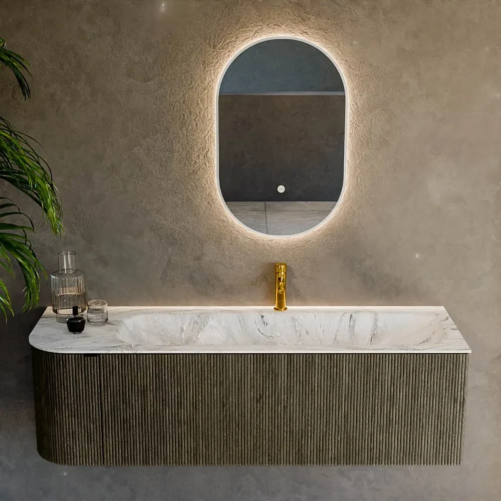 Mondiaz Kurve-dlux 145cm badmeubel ronding links shadow met 1 lade en deur en wastafel big large kraangat rechts glace
