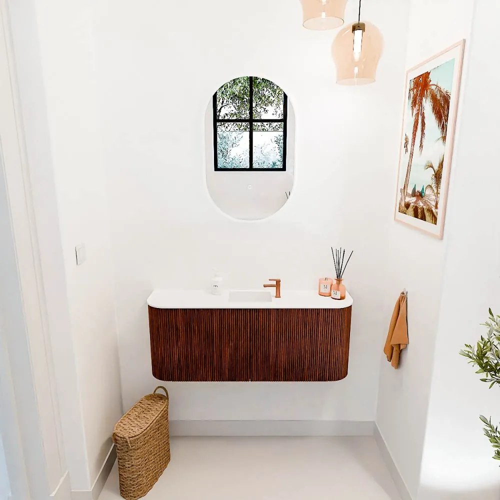 Mondiaz Joya 105cm toiletmeubel ronding links/rechts ruby met wastafel faye midden 1 kraangat talc