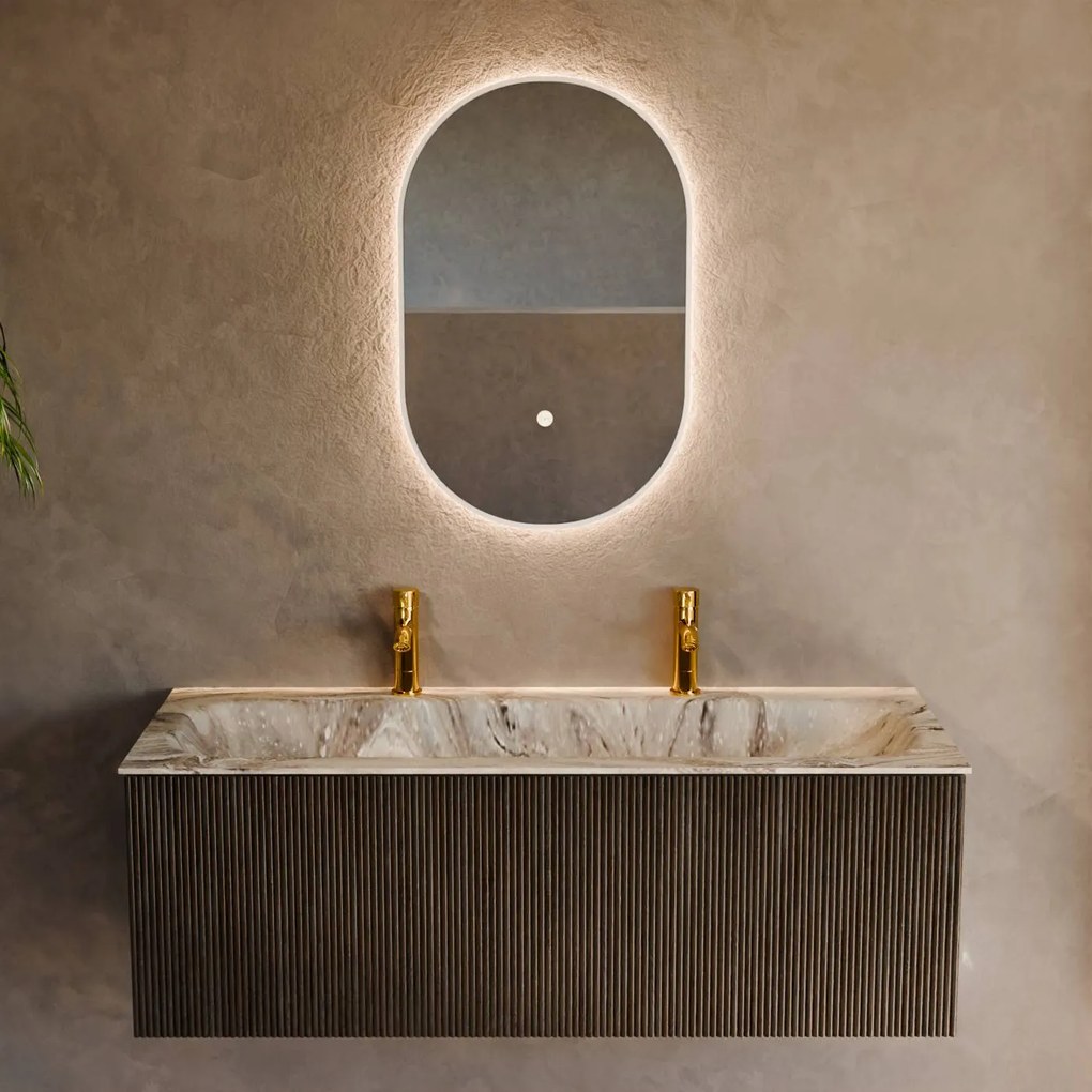 Mondiaz Kurve-dlux 120cm badmeubel shadow met 1 lade en wastafel big large midden 2 kraangaten glace