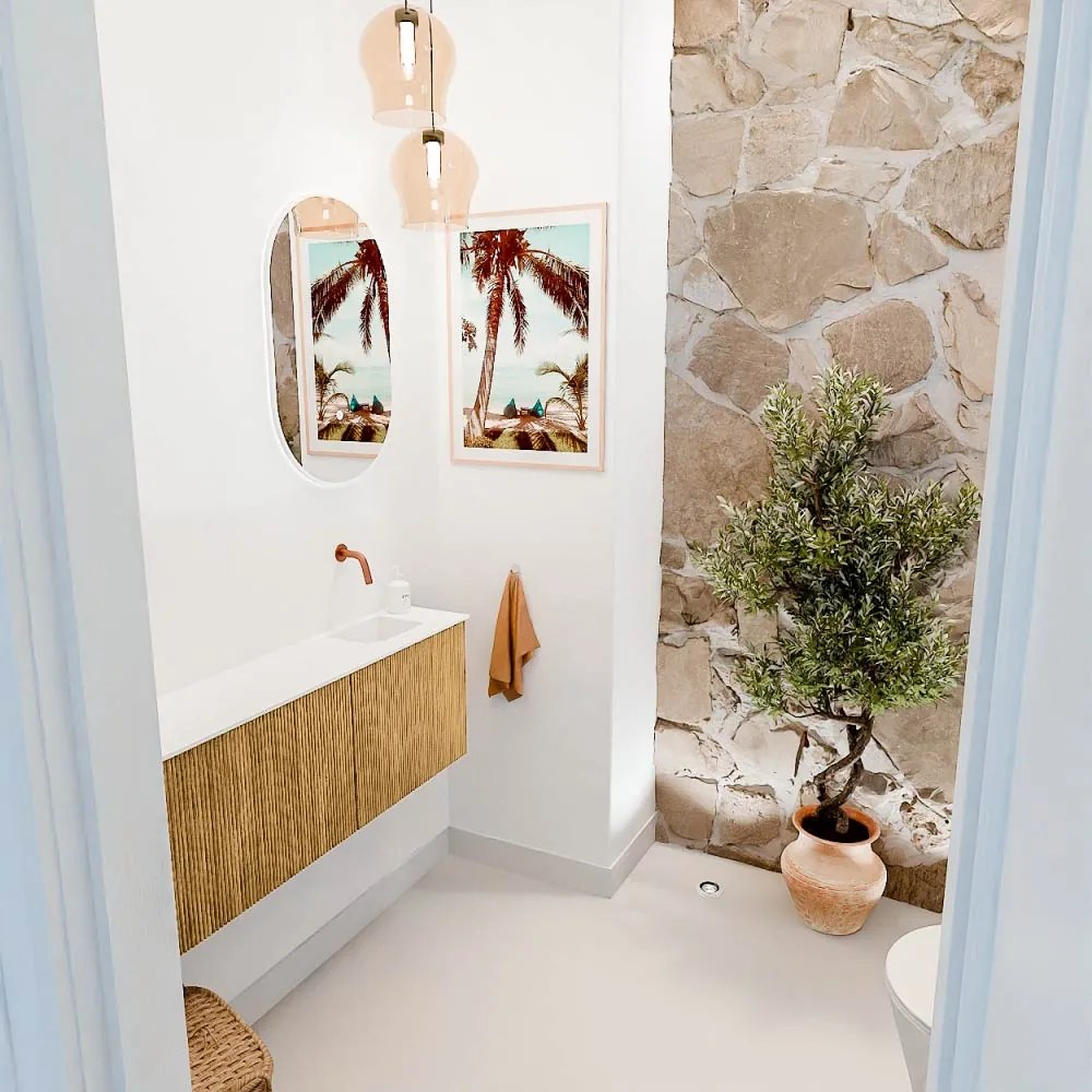 Mondiaz Joya 110cm toiletmeubel ronding links oak met wastafel faye rechts zonder kraangat talc