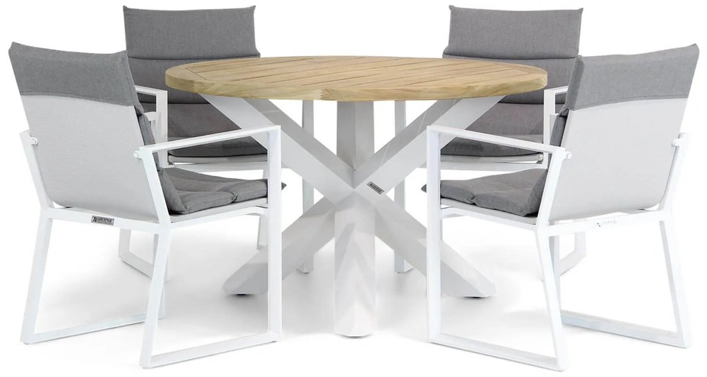 Tuinset Ronde Tuintafel 4 personen 120 cm Aluminium/textileen Wit  Lifestyle Garden Furniture Treviso/Wellington