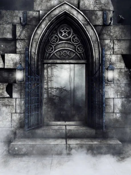 Ilustratie Gothic stone gate with lanterns, FairytaleDesign