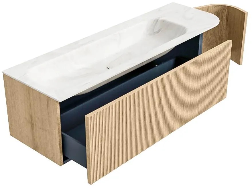 Mondiaz Kurve-dlux 145cm badmeubel ronding rechts oak met 1 lade en deur en wastafel big large links 2 kraangaten ostra
