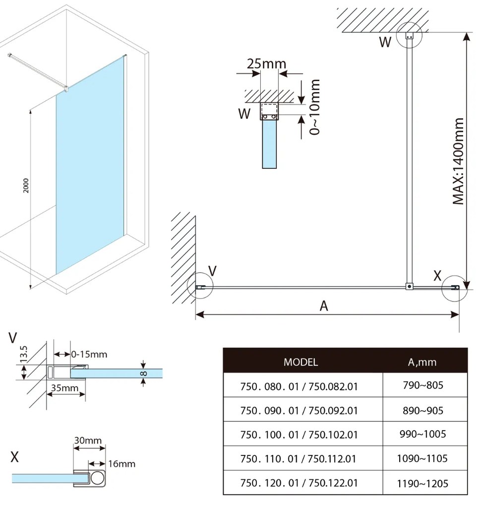 Bruckner Spitza douchewand 110x200 chroom mat glas
