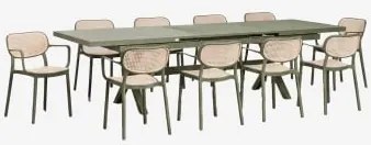Uitbreidbare Rechthoekige Tafelset 240-300x100 Cm Karena En 10 Stapelbare Tuinstoelen Met Armleuningen Omara Groen – Intens Olijf - Sklum