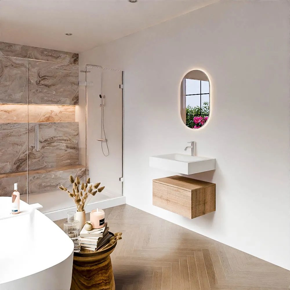 Zaro Alan badmeubel 60cm washed oak 1 lade met vrijhangende wastafel cloud midden 1 kraangat talc