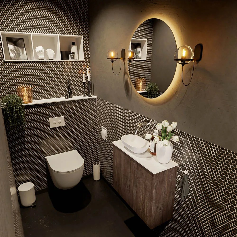 Mondiaz Fowy toiletmeubel 60cm dark brown met witte waskom links zonder kraangat