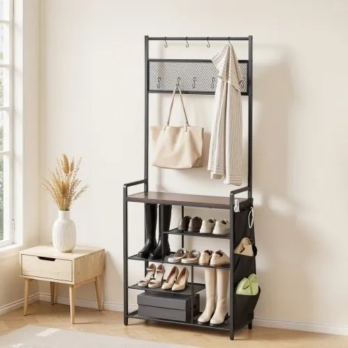 VEVOR Multifunctionele halgarderobe (75 x 30 x 180 cm) met schoenenrek en haken, kapstok met zijvak, kledingkast met stalen frame, geschikt voor entree en slaapkamer, zwart