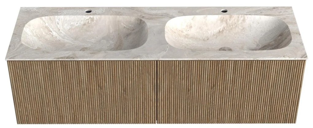 Mondiaz Kurve-dlux 140cm badmeubel dusk met 2 lades en wastafel stor small dubbel 2 kraangaten frappe