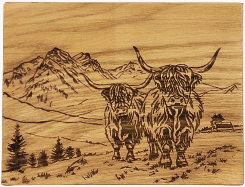 Eikenhouten snijplank Scenic Highland Cow