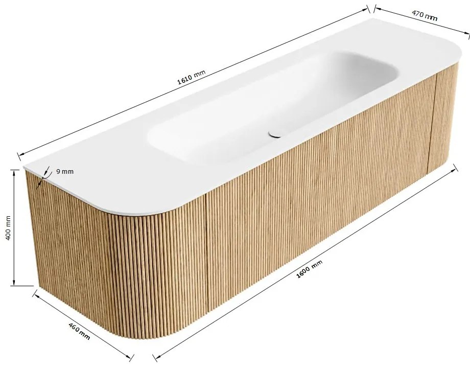 Mondiaz Kurve 160cm badmeubel ronding links/rechts walnut met 1 lade en 2 deuren en wastafel big medium midden zonder kraangat urban