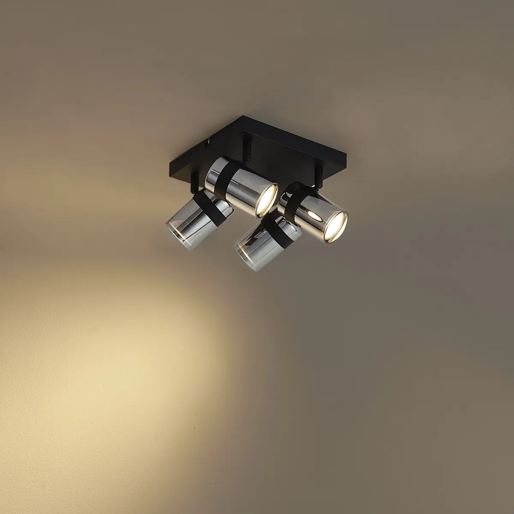 Plafondspot zwart met smoke glas 4-lichts draai- en kantelbaar - Gianni